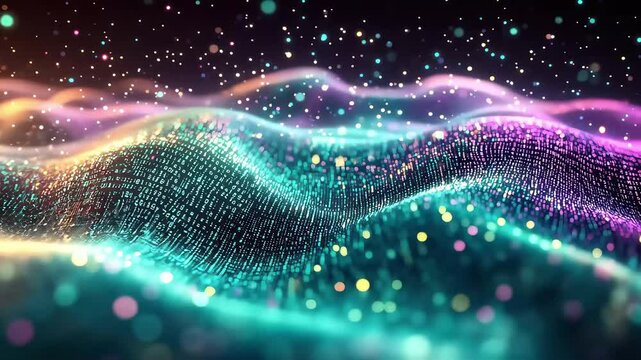 A colorful, abstract landscape of flowing digital waves, illuminated by shimmering particles and binary code elements.