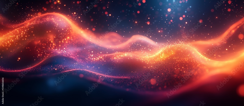 Poster abstract red and orange glowing waves with sparkling particles in dark space