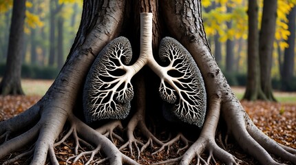 tree showcases roots designed to resemble human lungs, symbolizing the impact of climate change