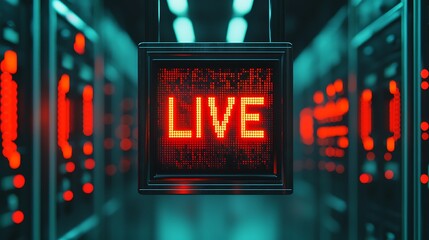 A glowing "LIVE" sign illuminates a dark server room filled with digital screens and red lights, symbolizing active broadcasting or data transmission.