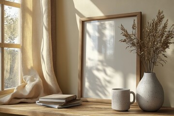 Neutral Scandinavian Still Life with Wooden Frame Vase Dried Plants Books and Coffee Mug