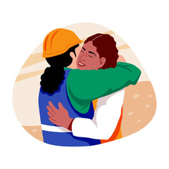 Two female workers hugging illustration in flat style 