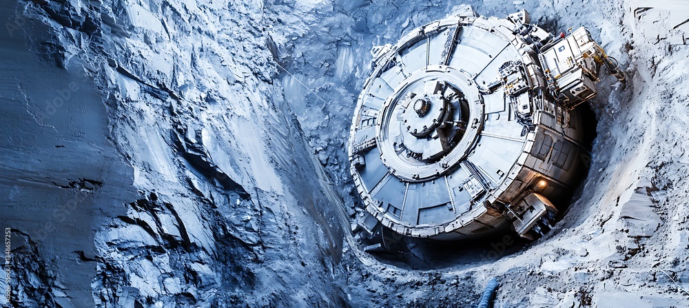 Poster a huge tunnel boring machine is working deep underground, showing industrial power and precision—a p