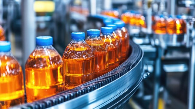 A high-tech beverage factory with soft drink bottles moving through inspection stations.