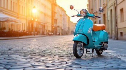Vintage Scooter Parked in Charming Cobblestone Street During Sunset in Urban Environment
