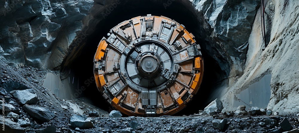 Poster a huge tunnel boring machine is working deep underground, showing industrial power and precision—a p