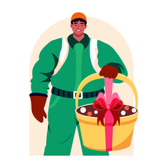 Flat style illustration of a worker holding gift basket 