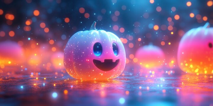 Halloween Party Banner with Pumpkin, Devil, Spiders, Bats on a Purple Blue Background