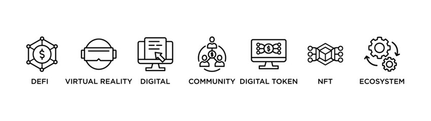 METAVERSE banner web icon vector illustration concept for product and service quality inspection with an icon of defi , virtual reality, digital, community, digital token, nft, ecosystem