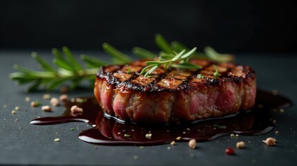 A succulent grilled steak, seasoned to perfection, rests on a dark slate surface, glistening with a rich red wine reduction and adorned with fresh rosemary sprigs.
