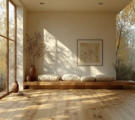 Scandinavian Minimalist Farmhouse Hallway Interior with Natural Wooden Textures and Sunlight