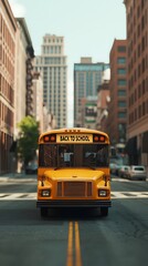 Fototapeta premium A vibrant yellow school bus drives through a city street, signaling the return to school amidst urban architecture.