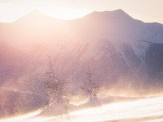 Sunset over the Carpathians on a windy winter day