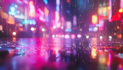 Vibrant city night scene with rain and neon reflections