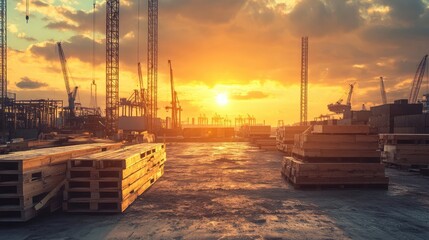 A modern industrial harbor construction site with shipping docks.