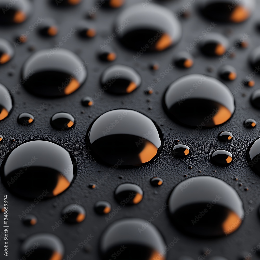 Poster a close-up view of water droplets on a textured surface, showcasing their round shapes and reflectiv