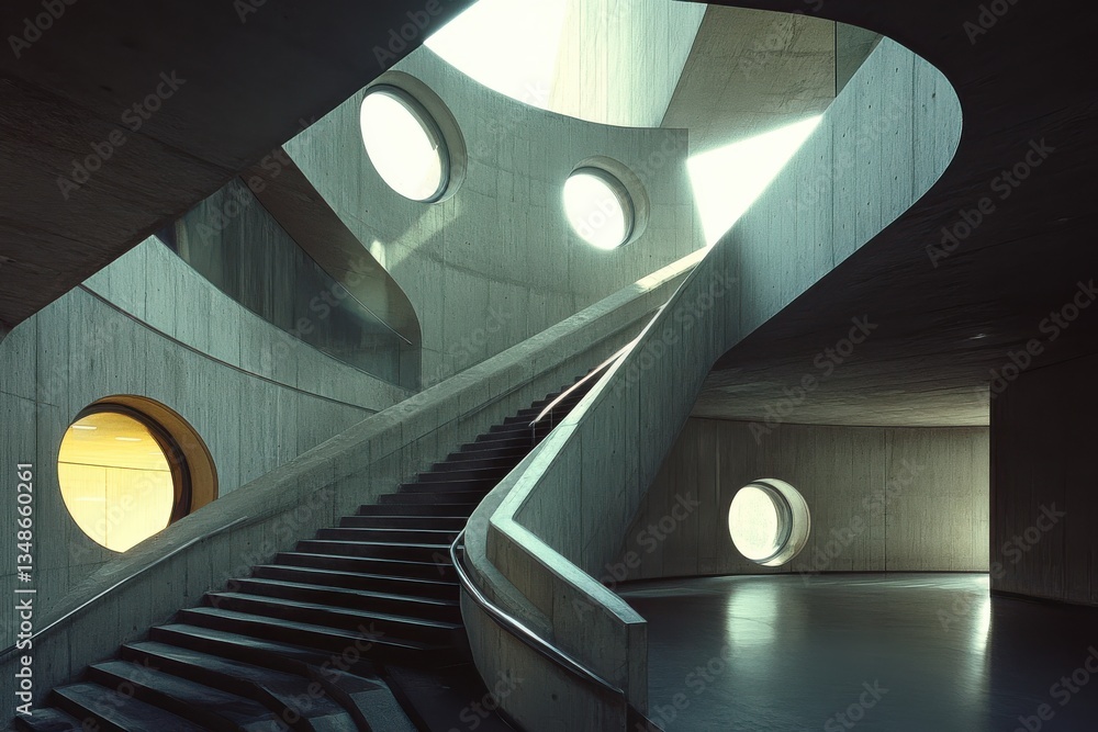 Poster modern architectural staircase with circular windows and abstract concrete designs