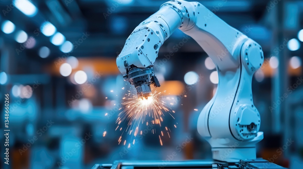Poster a robotic arm welding components in a high-tech industrial assembly line.