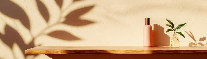 A serene composition with a plant and a bottle casting gentle shadows on a wooden surface.