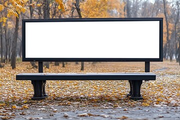 An empty park bench supporting a blank white advertising billboard