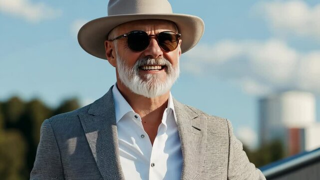 A man wearing a hat and sunglasses stands in front of a building