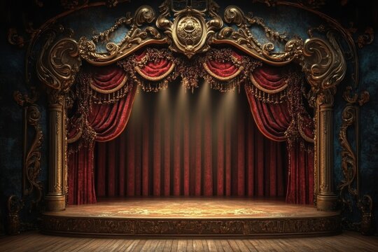 Luxurious Theater Stage with Red Velvet Curtains and Dramatic Spotlights