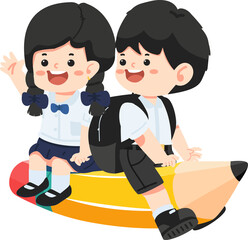 boy and girl riding on a flying pencil cartoon