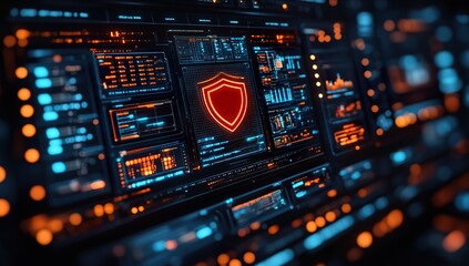 Obraz premium A digital security dashboard displaying data and a red shield icon, set against an abstract background of blue lights with lines representing network connections and shadows on the screen indicating 