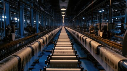 Obraz premium A textile factory production line weaving colorful fabrics at high speed.