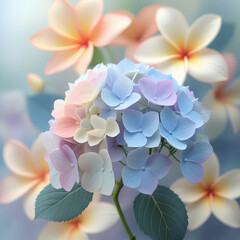 Soft pastel hydrangea in a blurred style, featuring floral background with frangipani and plumeria.
