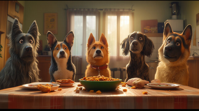 Group of dogs eagerly waiting at the dinner table in a cozy kitchen  