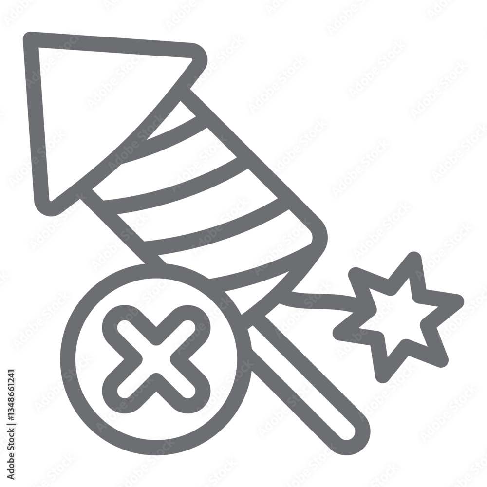 Poster firecracker rocket stick ban line icon, prohibited items concept. vector graphics. fireworks burning
