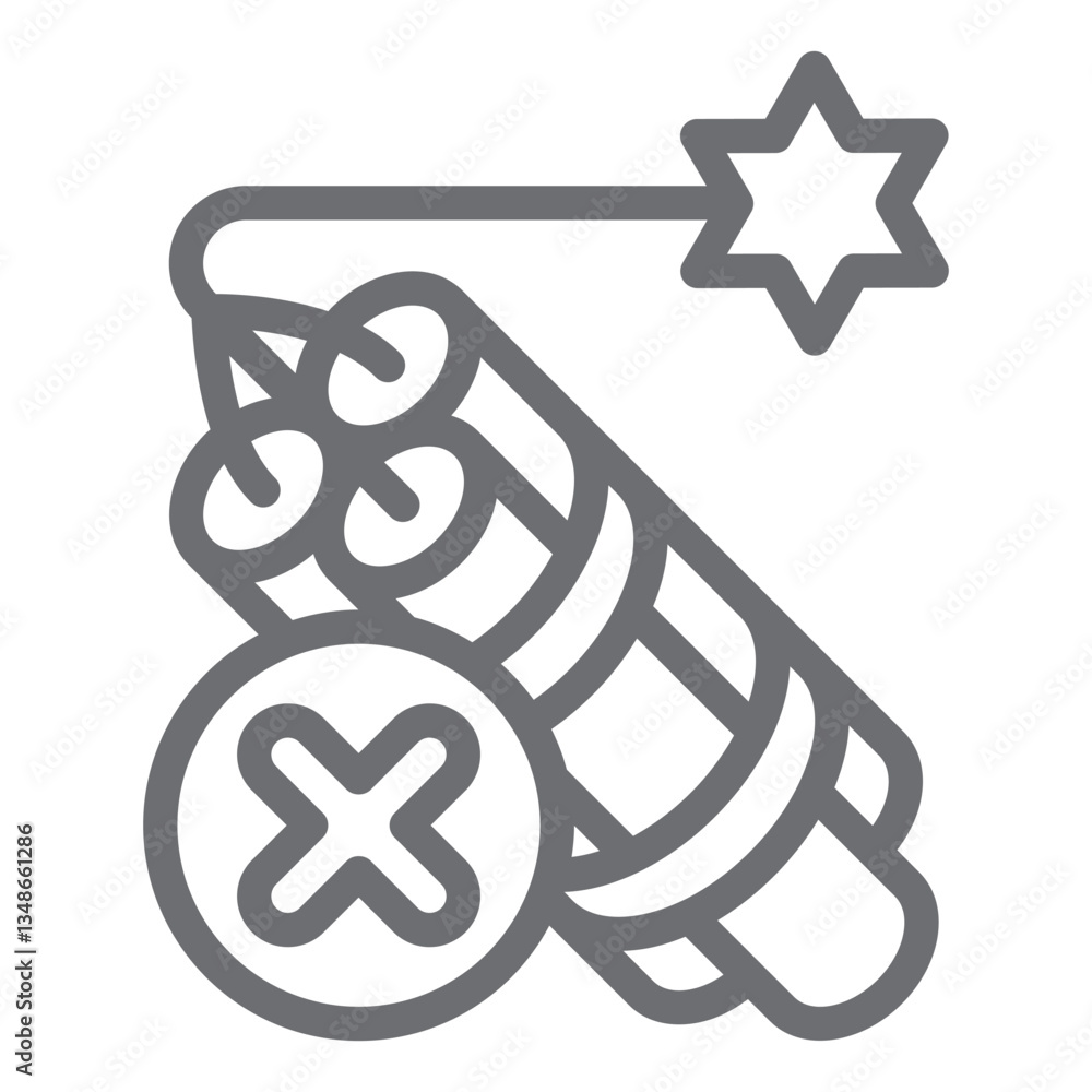 Poster dynamite sticks with fuse ban line icon, prohibited items concept. vector graphics. burning dynamite