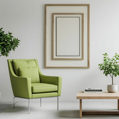 Minimalist living room with green armchair, mock-up poster frame, plant, and stylish decorations