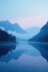 Serene Mountain Lake at Dawn Misty Peaks Reflecting on Calm Water, a Tranquil Scene of Nature's Beauty