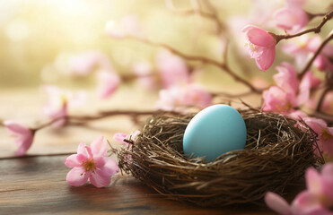 Speckled blue egg in a natural twig nest with cherry blossoms, beautiful Easter and spring composition symbolizing rebirth and growth