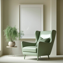 Minimalist living room with green armchair, mock-up poster frame, plant, and stylish decorations