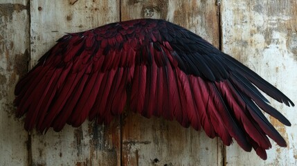 Red and black wing on weathered wooden wall