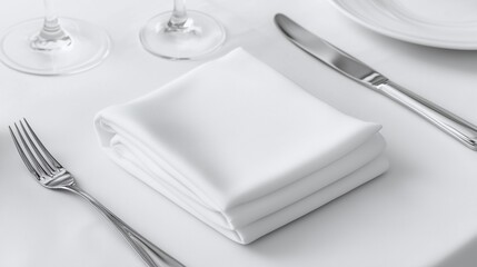 Close-up of a neatly folded white napkin on a pristine white tablecloth, accompanied by silverware and wine glasses; concept for restaurant menu design, wedding invitation, or elegant event stationery