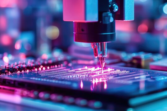 Close up of robotic arm assembling electronic circuit board.