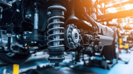 Fototapeta premium A detailed image of car suspension components in an assembly plant.