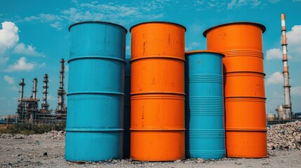 Industrial production and refinery facility concept. Colorful barrels stacked against an industrial backdrop with a bright sky.