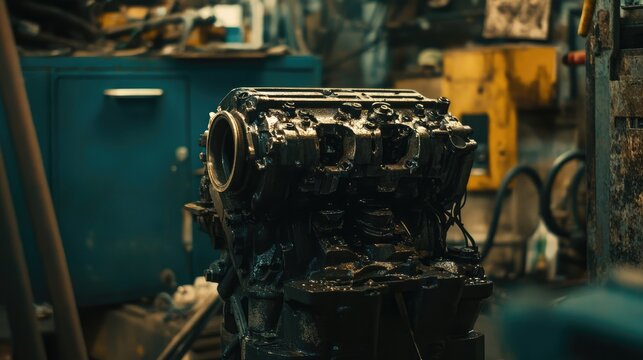 A detailed shot of a car engine block being machined in an industrial facility.
