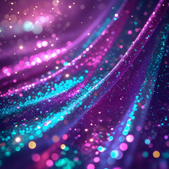 Neon glitter background with grain texture, bokeh glow, and fluorescent blue-magenta-pink shimmering gradient."