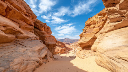 A stunning view of vibrant rock formations in a serene desert canyon under a bright sky.