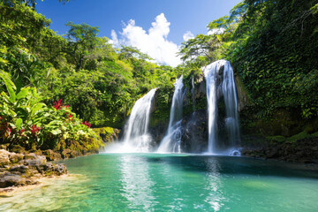 Fototapeta premium A stunning waterfall cascades into a turquoise pool surrounded by lush tropical greenery.