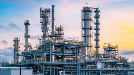 A futuristic robotic petrochemical facility with AI-driven automation.