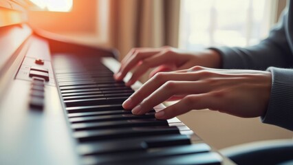 Obraz premium a close-up view of hands playing a piano. The fingers are gracefully positioned over the keys, with sunlight streaming in through a window in the background, creating a warm and inviting atmosphere.