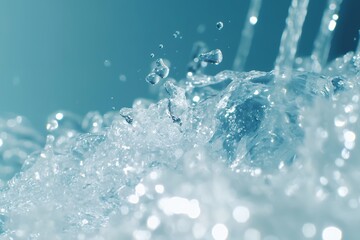 Close-up of splashing water with droplets in motion against blue background