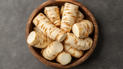Freshly sliced arrowroot in wooden bowl on dark background.